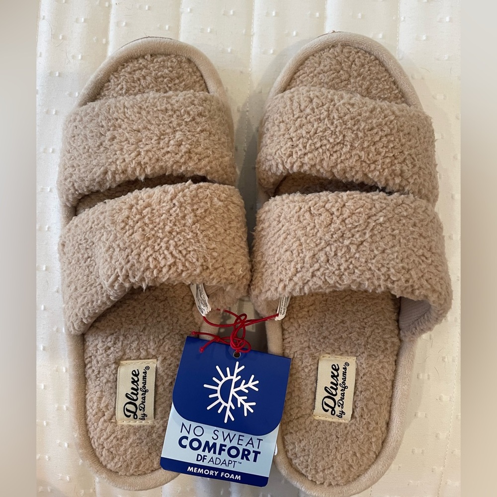 Women’s Dluxe by Dearfoam Eliana Teddy Double Band Slide Slippers size L US 9-10